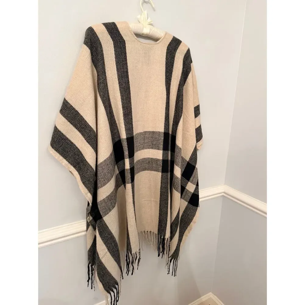 Banana Republic Erin Plaid Fringe Ruana Poncho Cashmere Blend OS NWT